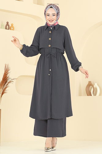 moda selvim طقم رمادي غامق 3112HBS856 - Thumbnail