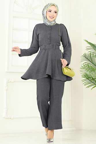 moda selvim طقم رمادي غامق 3118HBS856 - Thumbnail