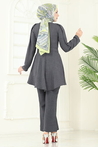 moda selvim طقم رمادي غامق 3118HBS856 - Thumbnail