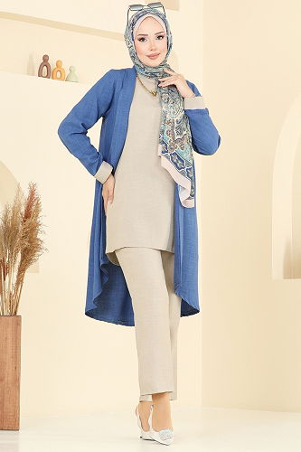 moda selvim طقم أزرق وبيج 3129HBS856 - Thumbnail