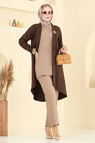 moda selvim طقم بيج غامق وبني 3129HBS856 - Thumbnail