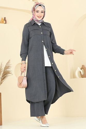 moda selvim طقم رمادي غامق 3158HBS856 - Thumbnail