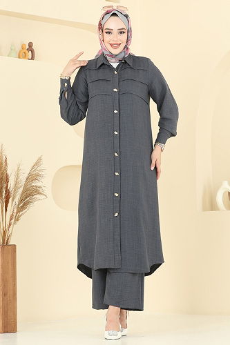 moda selvim طقم رمادي غامق 3158HBS856 - Thumbnail