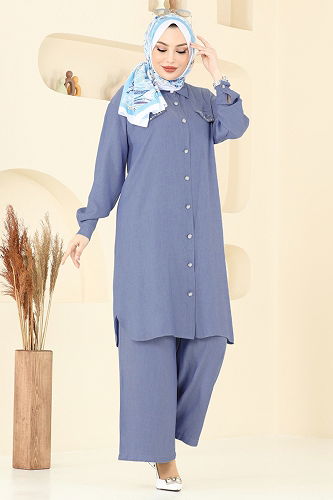 moda selvim طقم جينز غامق 318HBS856 - Thumbnail