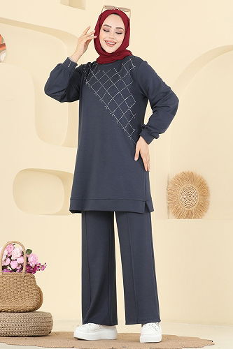 moda selvim طقم رمادي غامق 3196HBS856 - Thumbnail