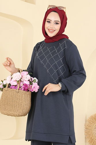 moda selvim طقم رمادي غامق 3196HBS856 - Thumbnail