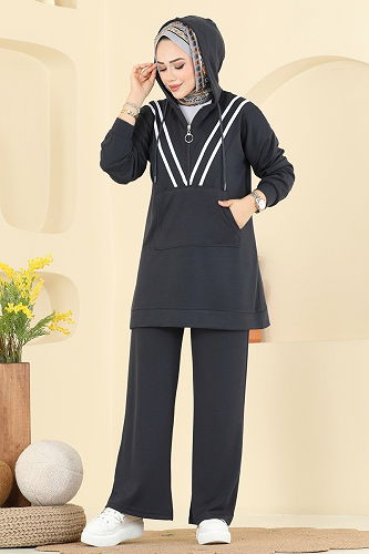 moda selvim طقم رمادي غامق 3206HBS856 - Thumbnail