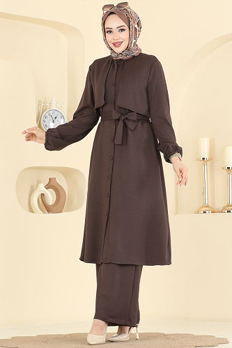 moda selvim طقم بني غامق 322ASN888 - Thumbnail