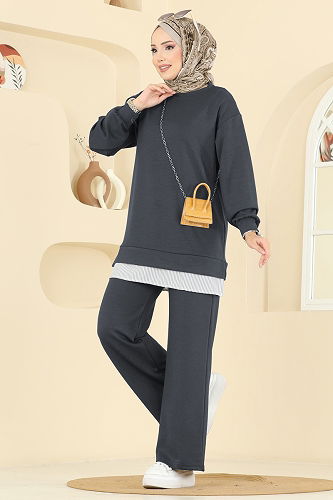 moda selvim طقم رمادي غامق 3246HBS856 - Thumbnail