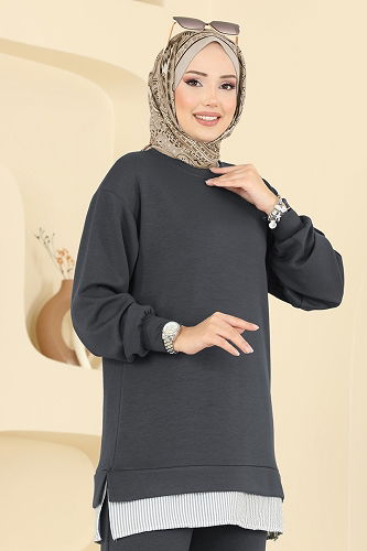 moda selvim طقم رمادي غامق 3246HBS856 - Thumbnail