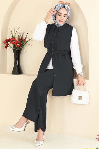 moda selvim طقم رمادي غامق 3254HBS856 - Thumbnail