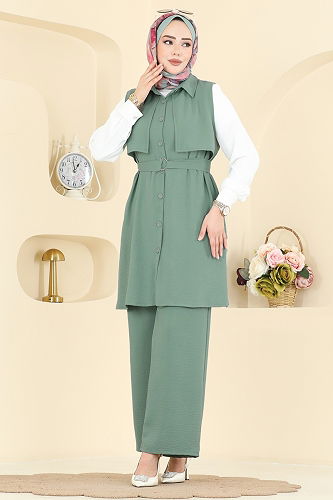 moda selvim طقم أخضر باهت غامق 3254HBS856 - Thumbnail