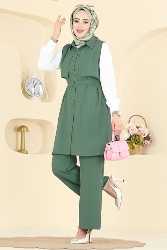 moda selvim طقم أخضر باهت 3254HBS856 - Thumbnail