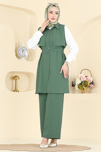 moda selvim طقم أخضر باهت 3254HBS856 - Thumbnail