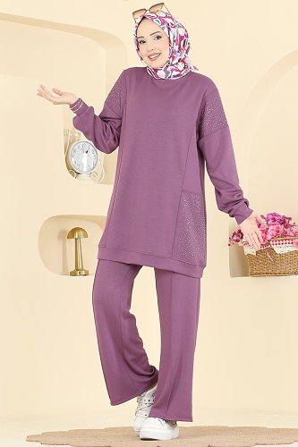 moda selvim طقم ليلكي غامق 3265HBS856 - Thumbnail