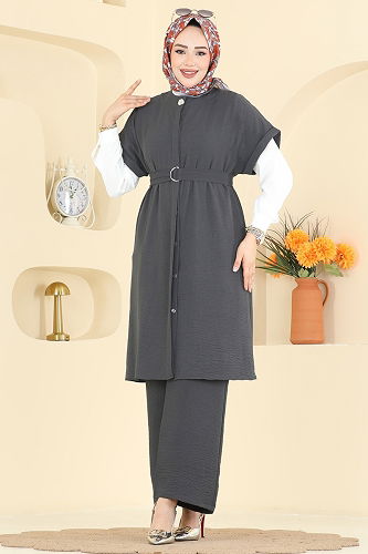 moda selvim طقم رمادي غامق 3274HBS856 - Thumbnail