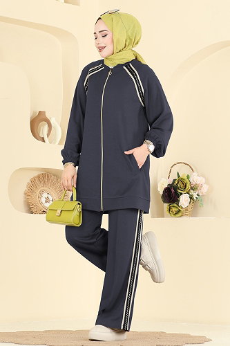 moda selvim طقم رمادي غامق 3287HBS856 - Thumbnail