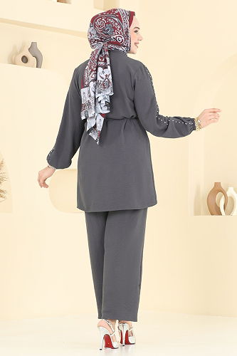 moda selvim طقم رمادي غامق 329HBS856 - Thumbnail