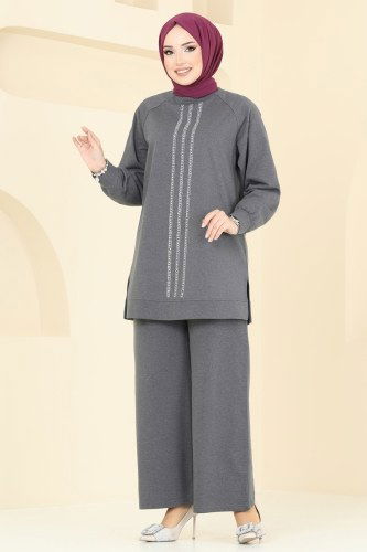 moda selvim طقم رمادي غامق 331DVL817 - Thumbnail