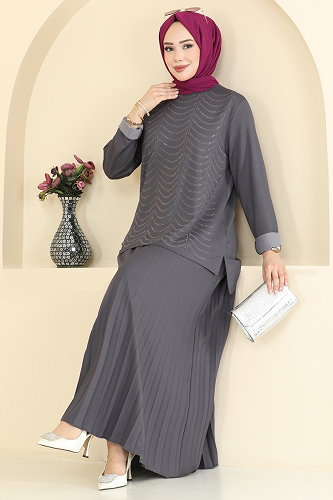 moda selvim طقم رمادي غامق 3417UZ662 - Thumbnail