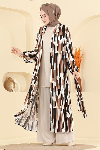 moda selvim طقم بني وبيج 3425BLU797 - Thumbnail