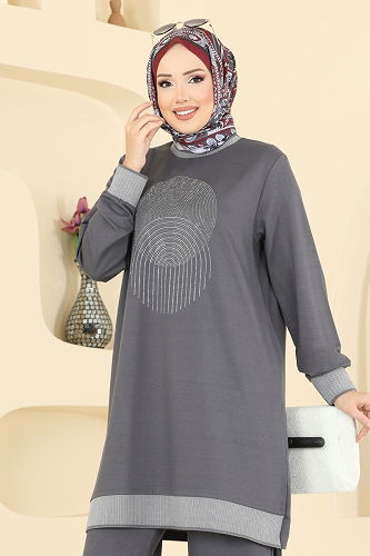 moda selvim طقم رمادي غامق 3462UZ662 - Thumbnail