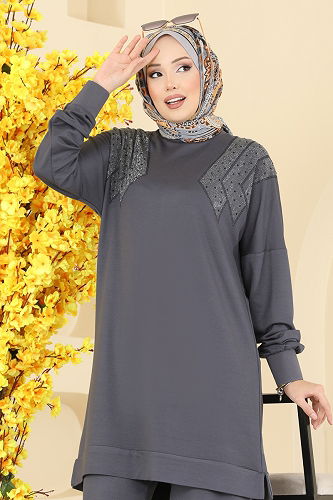 moda selvim طقم رمادي غامق 3464UZ662 - Thumbnail