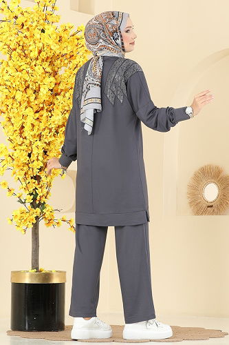 moda selvim طقم رمادي غامق 3464UZ662 - Thumbnail