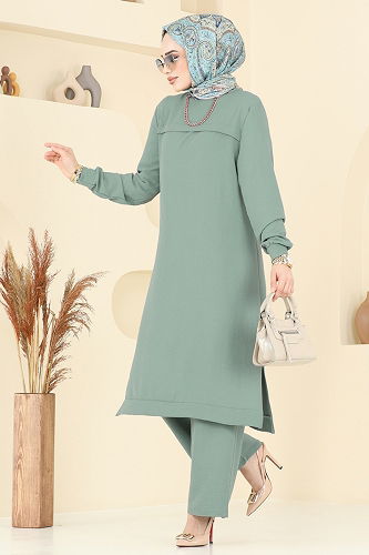 moda selvim طقم أخضر باهت 350DVL817 - Thumbnail