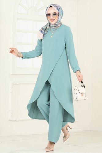 moda selvim طقم أخضر باهت 353DVL817 - Thumbnail