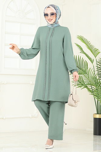 moda selvim طقم أخضر باهت 367DVL817 - Thumbnail