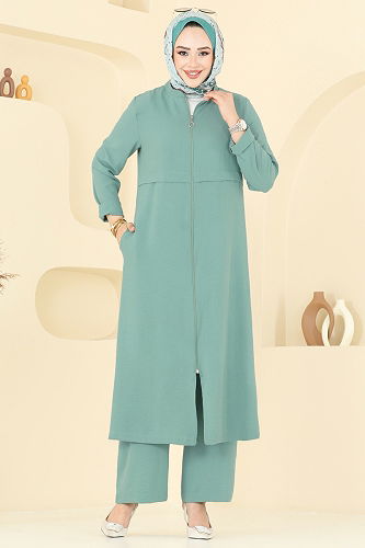 moda selvim طقم أخضر باهت 379DVL817 - Thumbnail