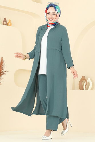 moda selvim طقم أخضر باهت 379DVL817 - Thumbnail