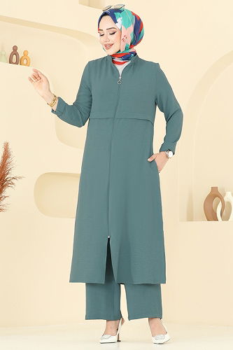 moda selvim طقم أخضر باهت 379DVL817 - Thumbnail