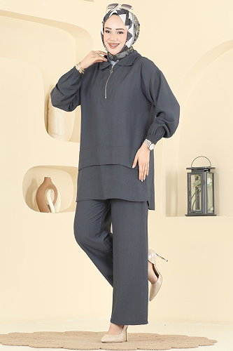moda selvim طقم رمادي غامق 3800HBS856 - Thumbnail