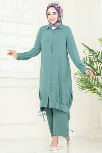 moda selvim طقم أخضر باهت 389DVL817 - Thumbnail