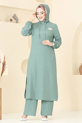 moda selvim طقم أخضر باهت 395DVL817 - Thumbnail