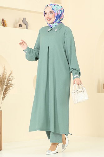 moda selvim طقم أخضر باهت 398DVL817 - Thumbnail