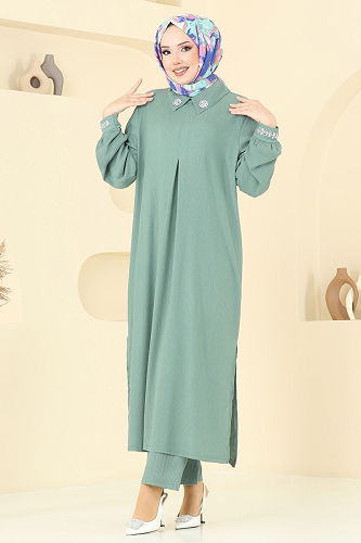 moda selvim طقم أخضر باهت 398DVL817 - Thumbnail