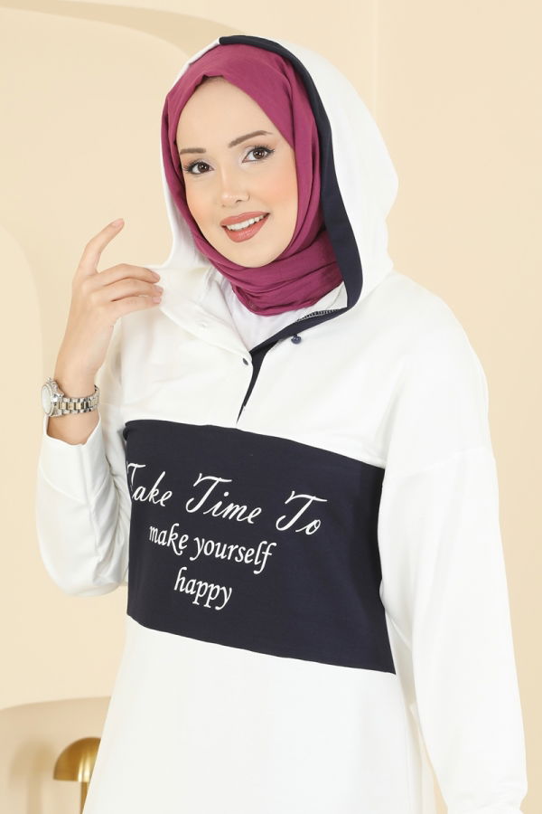 Modaselvim Hijab Combinations Combined 3997UZ662 Navy Blue&Ecru