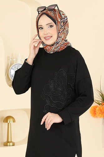 moda selvim طقم أسود وبيح 3999UZ662 - Thumbnail