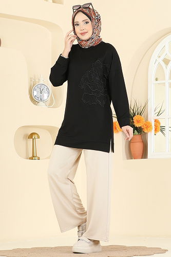 moda selvim طقم أسود وبيح 3999UZ662 - Thumbnail