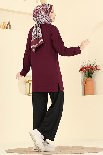 moda selvim طقم خمري و أسود 3999UZ662 - Thumbnail