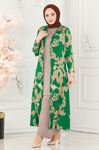 moda selvim طقم أخضر وبيج 4026BG354 - Thumbnail