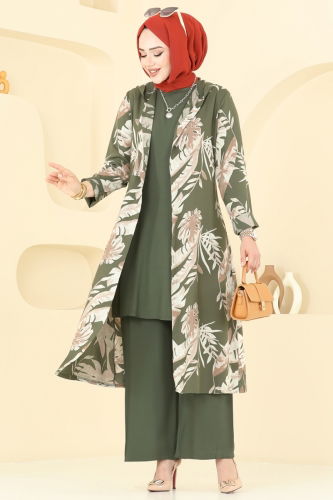moda selvim طقم أخضر عفني غامق 4030BG354 - Thumbnail