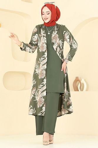 moda selvim طقم أخضر عفني غامق 4030BG354 - Thumbnail