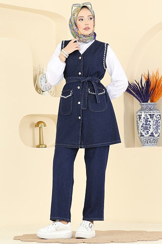 moda selvim طقم جينز غامق 4082ORG1169 - Thumbnail