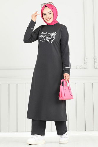 moda selvim طقم رمادي غامق 4098PM271 - Thumbnail