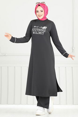 moda selvim طقم رمادي غامق 4098PM271 - Thumbnail