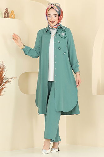 moda selvim طقم أخضر باهت 409DVL817 - Thumbnail